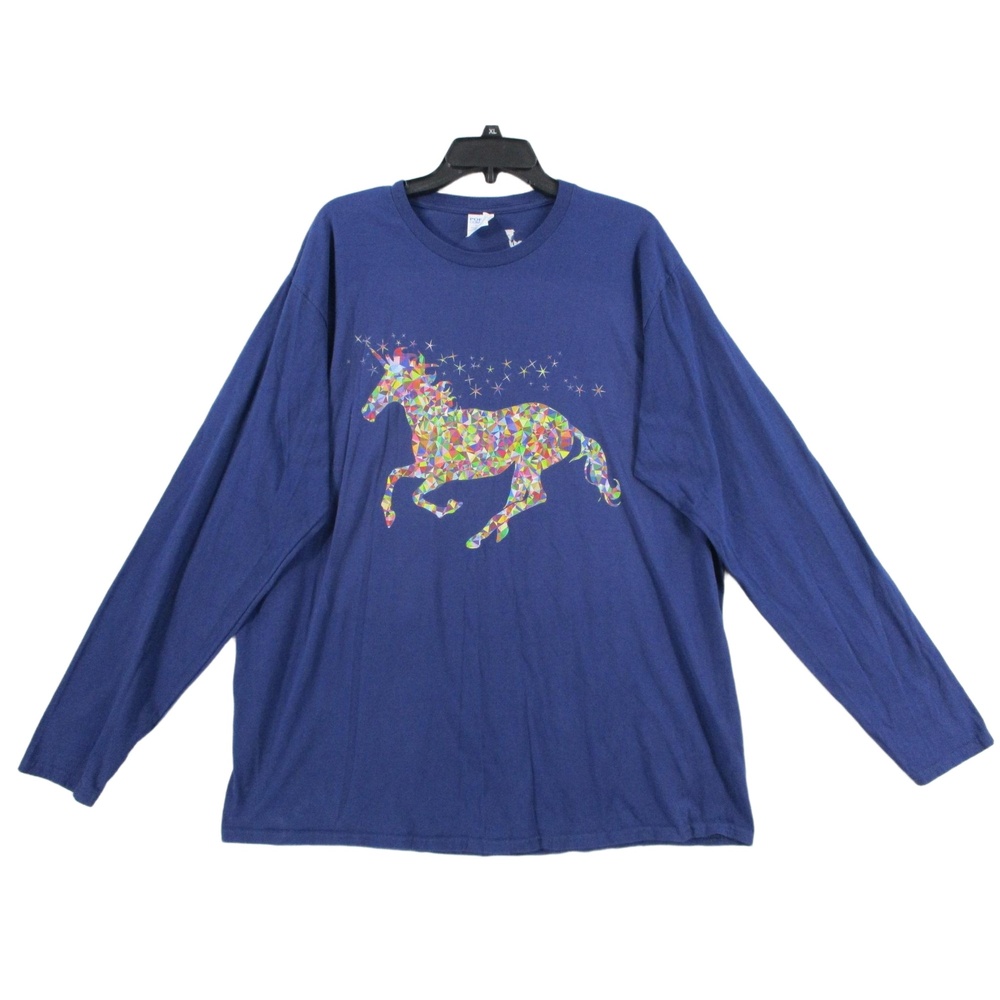 PORT AND COMPANY Blue Geometric Unicorn 9oz Graphic Long Sleeve T-Shirt Size 2XL